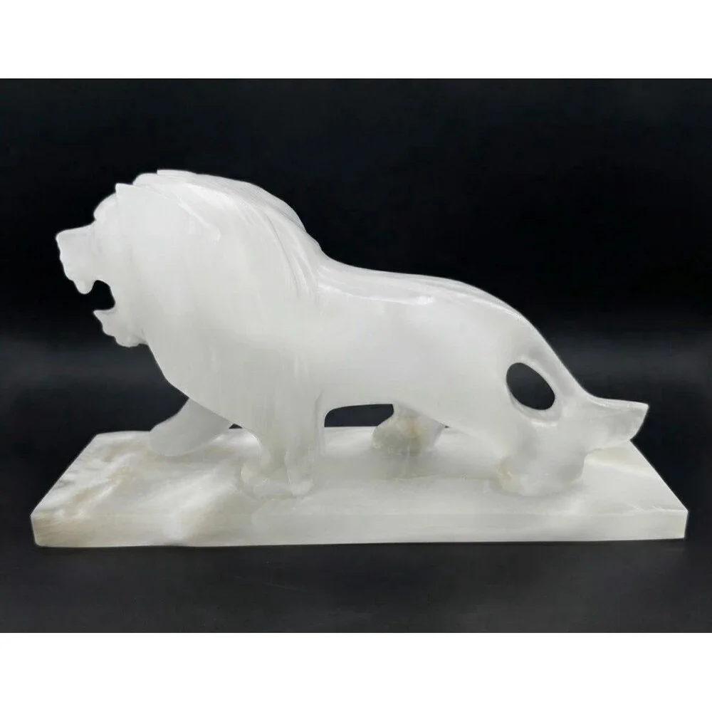 Vintage Large Hand Carved White Alabaster Onyx Lion Figurine 11